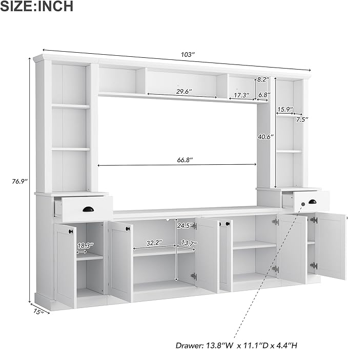 Merax Minimalism Entertainment Wall Unit with Bridge, Modern Media Console Table & Adjustable Storage Shelves for Living Room, Large TV Stand for Televisions Up to 75'', White