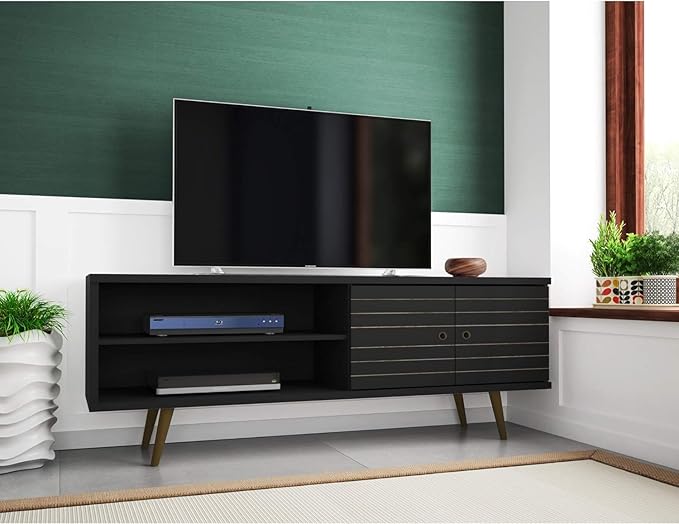 Manhattan Comfort Liberty Mid Century Modern TV Stand for Televisions up to 60 Inches, Bedroom and Living Room Entertainment Center with Storage, Shelves, and Cabinet, 63" Wide, Black