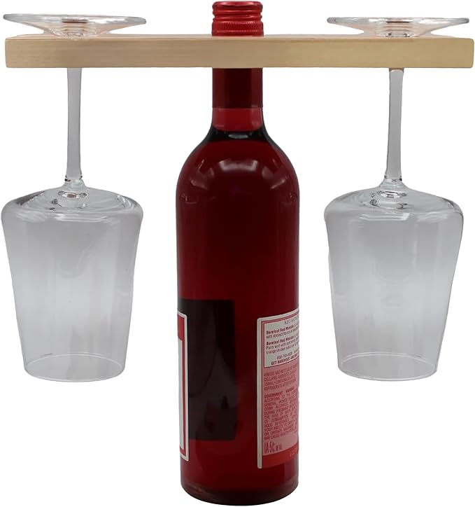 Wine & Glass Holder - Countertop or Shelf Storage Rack for 2 Glasses & Bottle, Decorative Holiday or Housewarming Gift, Solid Maplewood, 10 Inch x 3.5 Inch
