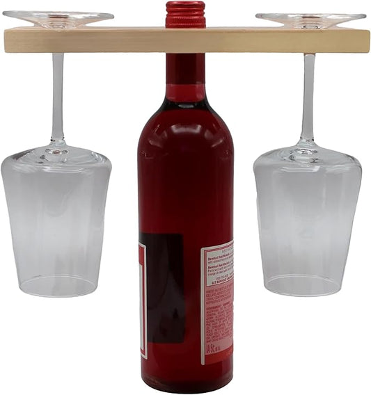 Wine & Glass Holder - Countertop or Shelf Storage Rack for 2 Glasses & Bottle, Decorative Holiday or Housewarming Gift, Solid Maplewood, 10 Inch x 3.5 Inch
