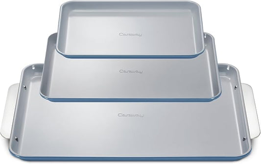 Caraway Non-Stick Ceramic Baking Sheet Trio - Naturally Slick Ceramic Coating - Non-Toxic, PTFE & PFOA Free - 18 x 13" Large, 15 x 10" Medium, & 9" x 13" Small - Slate