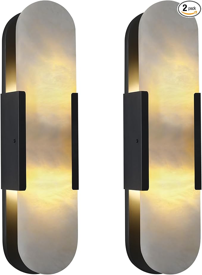 19.7 in Matte Black Alabaster Wall Sconces, Natural Marble Wall Sconces Indoor Alabaster Sconces for Living Room Modern Alabaster Sconces Wall Lighting for Dining Room Stairs Bedroom