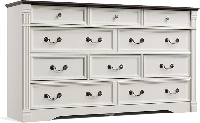 Yaamizz Farmhouse Dresser for Bedroom, 60" Wide 10 Drawer Dresser Storage with Wood Pilasters & Metal Handles, Vintage Design, Drawer Organizer for Bedroom, Hallway, White