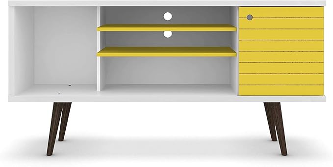 Manhattan Comfort Liberty Mid Century Modern TV Stand for Televisions up to 50 Inches, Bedroom and Living Room Entertainment Center with Storage, Shelves, and Cabinet, 53" Wide, White/Yellow
