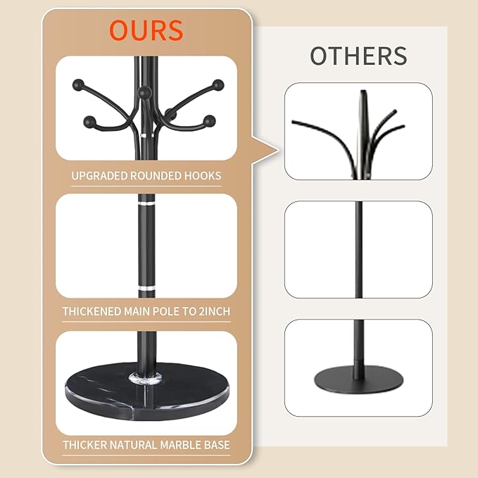 Metal Coat Rack Stand, Modern Freestanding Coat Rack with Natural Marble Base, Coat Racks and Coat Hall Tree Hanger Stand for Entryway, Hallway, Office (12 HOOKS)