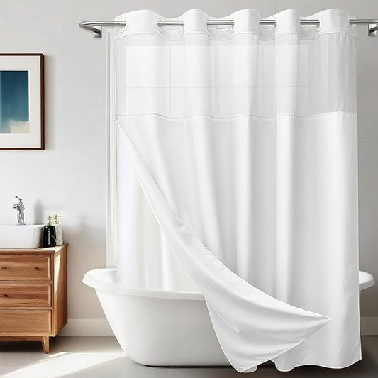 No Hook Shower Curtain with Snap in Liner, Polyester Textured Shower Curtain with Liner Set, Waterproof Washable Hotel Style Shower Curtains for Bathroom, 71Wx74H, White
