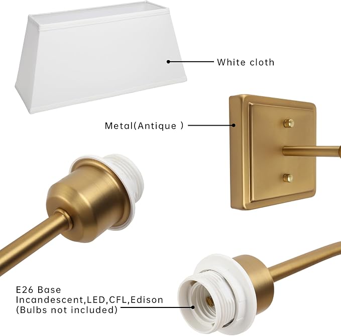 Vintage 2-Lights Wall Sconces with White Fabric Lampshade, Double Head Bathroom Vanity Lights Fixture in Antique Brass, Indoor Wall Lamps for Bedroom Living Room Hallway Stairway