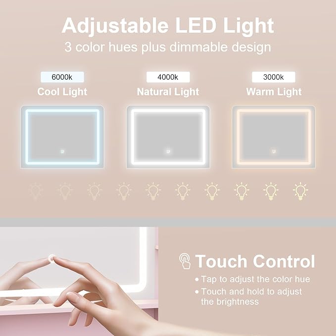 Vanity Table with LED Mirror & Power Outlet - 5 Open Shelves, 4 Drawers - Includes Padded Stool - Ideal Bedroom Makeup Dressing Table （Pink）