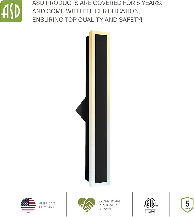 ASD LED 18" Long Wall Mount Light Fixture, Outdoor & Indoor Linear Sconce | 3CCT, Dimmable, Waterproof, Anti-Rust, ETL Listed | 18W 1500LM 3000-5000K 100-277V | Exterior Porch Lighting | Black