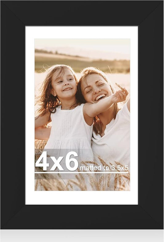 4x6 Picture Frame with Glass, Display Pictures 3.5x5 with Mat or 4 x 6 without Mat - Wall and Tabletop, 4 by 6 Photo Wooden Frames (Black, 1 Pack)