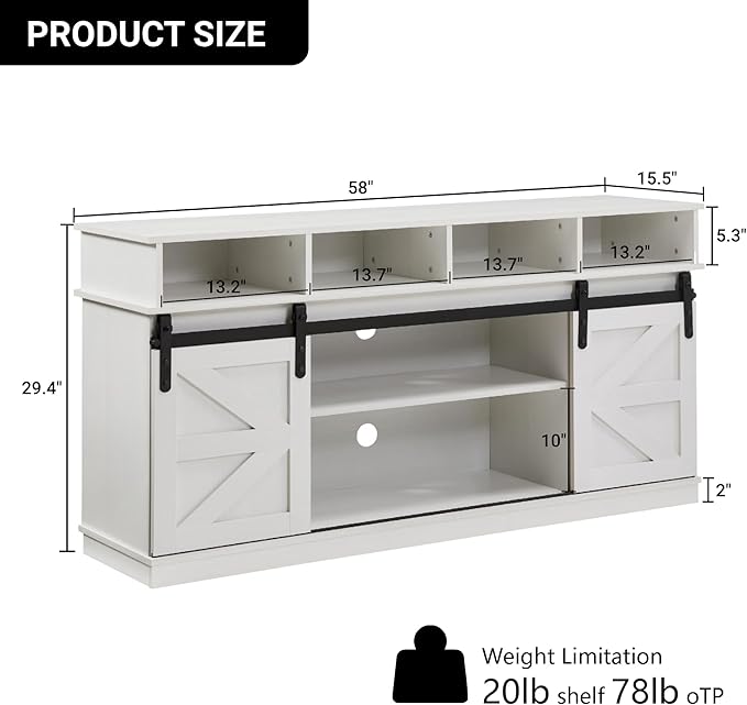 Softa 58" TV Stand, Modern & Farmhouse Wood Entertainment Center for TVs Up to 65", with Sliding Barn Door, Storage Cabinet Table, Adjustable Shelves (White)