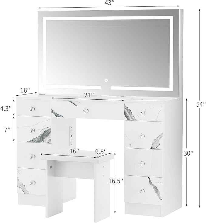 VOWNER Vanity with Lighted Mirror - Makeup Vanity Desk with Power Outlet and 9 Drawers, 3 Color Lighting Modes Adjustable Brightness, 43" Vanity Table with Soft Cushioned Stool for Bedroom, Marble