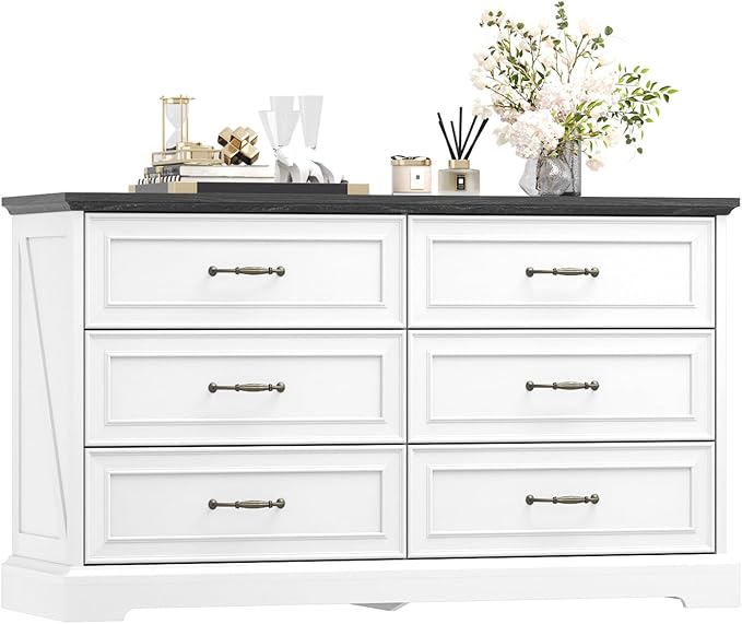Dresser for Bedroom with 6 Drawer, Farmhouse Dresser for Closet, 47'' Wide Rustic Wooden Chest of Drawers with Natural Wood Texture, Vintage Storage Organizer for Living Room, Hallway, White