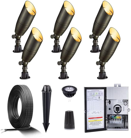 Brass Low Voltage Landscape Spotlights(6 Pack) Kit 12V LED with 150W Low Voltage Transformer and Mechanical Timer and 100 Feet Wire and 30Pack Connectors for Outdoor House Garden Patio