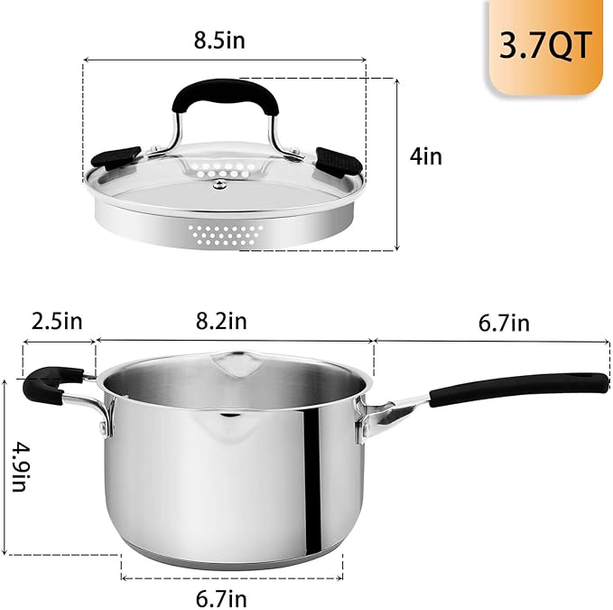 Rorence 3.7 Quart Saucepan with Glass Lid: Stainless Steel Sauce Pan with Two Sides Pour Spout & Riveted Silicone Handles & Build-in Strainer Tempered Glass Cover …