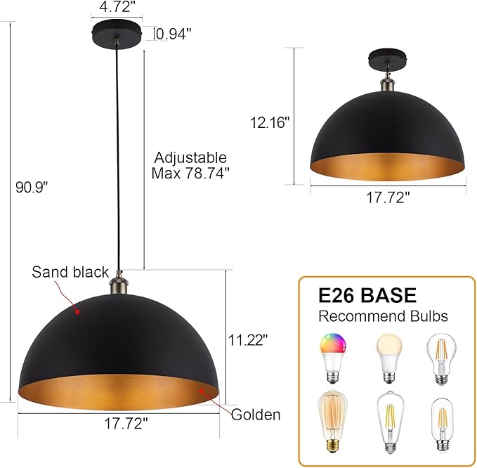 Vintage 2 pendant light,Industrial Pendant Light,17.72 inches large diameter, Line length 78.74" black and gold pendant light, widely used in the kitchen island, bedroom, dining room, hallway, garage