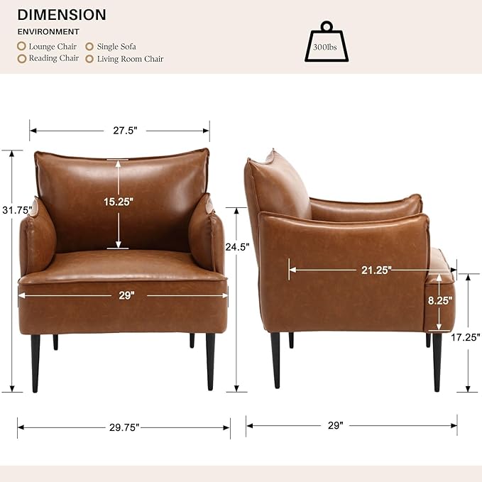 Mid Century Modern Accent Chair Armchair, Brown PU Leather Living Room Chair Sofa Lounge Chair with Metal Legs Reading Chair with Armrest for Bedroom Office Apartment