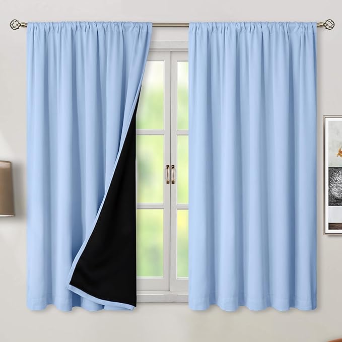 BGment Full Blackout Curtains with Liner Thermal Curtains 54 Inches Long, Rod Pocket and Back Tab Double Layer Room Darkening Window Curtains for Bedroom(52 x 54 Inch, 2 Panels, Light Blue)