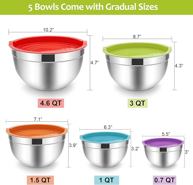 E-far Mixing Bowls with Lids Set of 5, Stainless Steel Mixing Bowls Metal Nesting Bowls with Airtight Lids, Non-toxic & Dishwasher Safe, Great for Cooking, Baking, Serving - Size 0.7/1/1.5/3/4.6QT