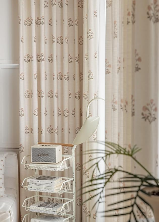 Linen Blend Pinch Pleated Curtains for Living Room, Bedroom and Dining Room - Light Filtering Curtains 1 Panel - Luxury and Modern Floral Printed Design - Beige White, 52" W x 96" L