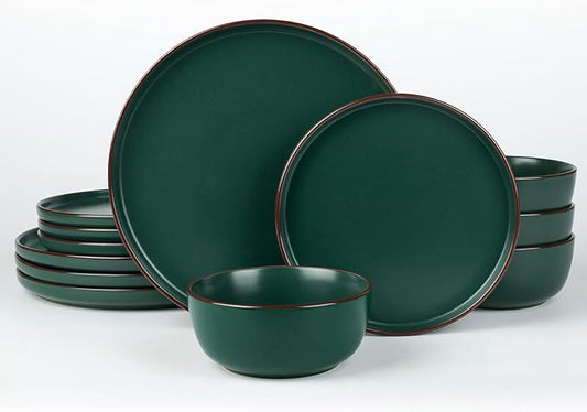 Famiware Mercury Plates and Bowls Sets, 12 Pieces Stoneware Dinnerware Sets, Dishes Set for 4, Microwave and Dishwasher Safe, Dark Green