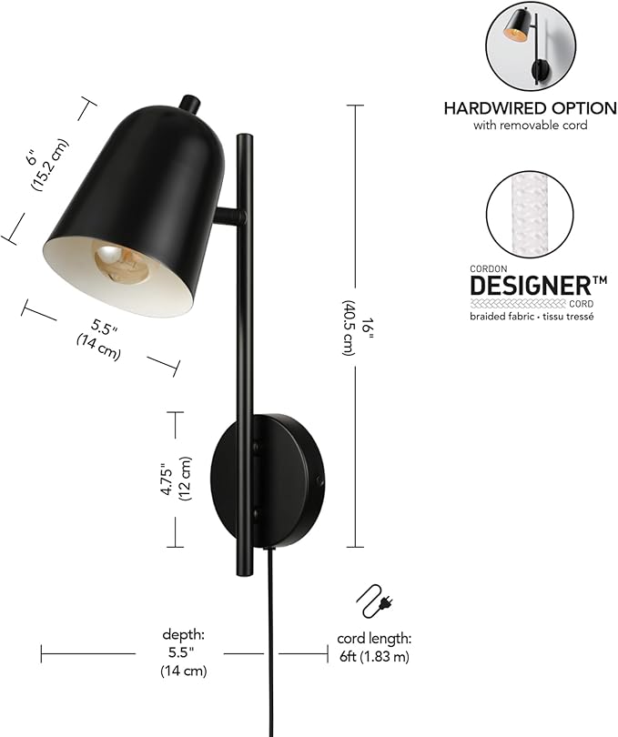 GLOBE Electric 65000049 1-Light Plug-in or Hardwire Wall Sconce, Matte Black, Pivoting Shade, Black Braided Fabric Designer Cord, Hanging Lamp, Wall Lights for Living Room, Bedroom, Den
