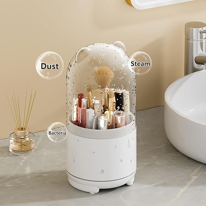 Cute Makeup Brush Holder Organizer with Lid, Rotating Dustproof Make Up Brushes Container with Clear Acrylic Cover for Vanity Desktop Bathroom Countertop