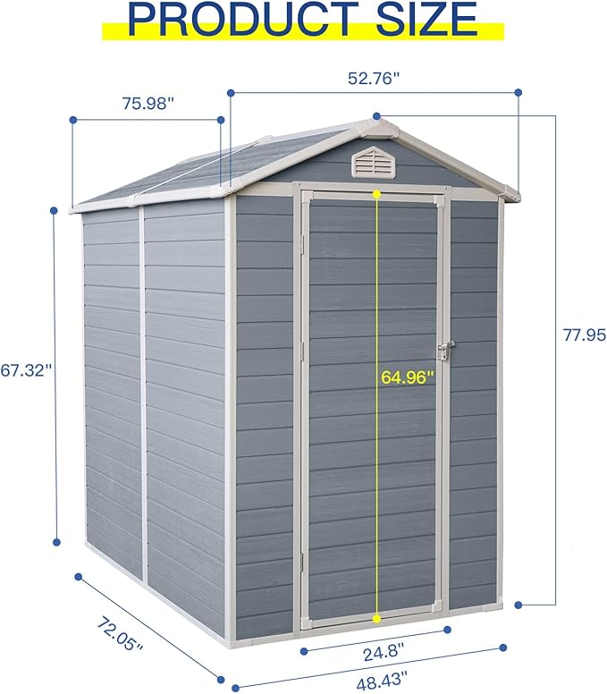 4' x 6' Resin Storage Shed Outdoor, PP Material & Strong Structure for All Weather, Plastic Garden Shed w/Window for Garden, Backyard, Poolside and Lawn, 15mm Thick PP Board - Light Grey