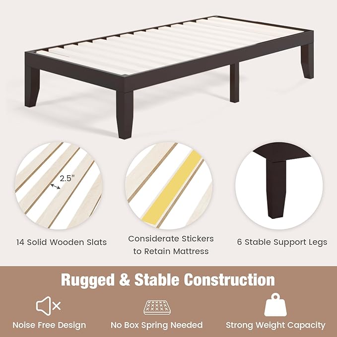 Giantex 14 Inch Twin Wood Platform Bed Frame, Minimalist Mattress Foundation with Solid Rubber Wood, Heavy Duty Wood Slat Support, Without Headboard, Easy Assembly, No Box Spring Needed, Espresso