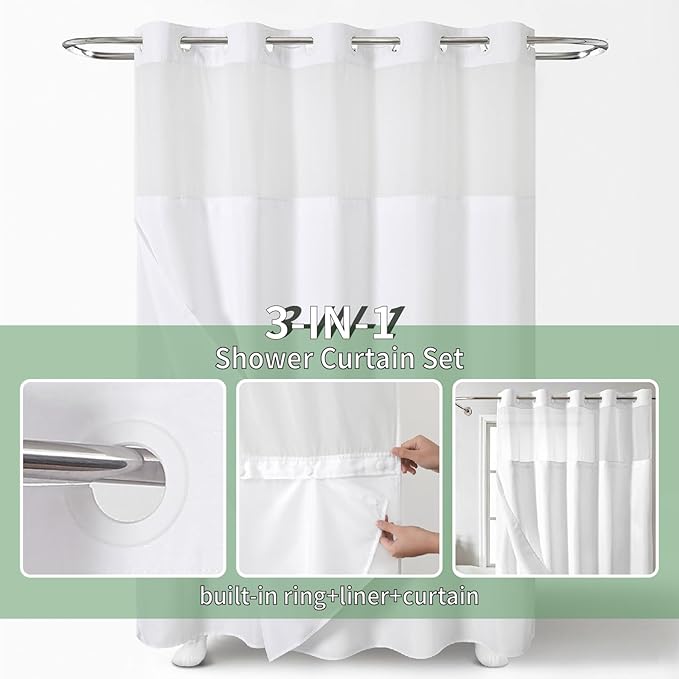 White No Hook Shower Curtain with Snap-in Fabric Liner Set,Slub Textured Fabric Shower Curtains for Bathroom,Hotel Style Modern Shower Curtain,Water Repellent & Washable,71x74(72)