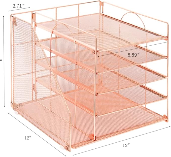 AUPSEN Desk Organizer with File Holder, 5 Trays Paper Letter Tray Organizer, Mesh Desk Organizers and Accessoriesand for Home Office (Rose Gold)