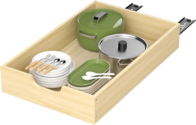 COOLBEBE Pull Out Cabinet Drawer, Soft Close Pull Out Organizer for Cabinets, Solid Wood Cabinet Drawers Slide out, Pull Out Shelves in Kitchen, Pantry, Bathroom, Bottom Assembly (14INCH)