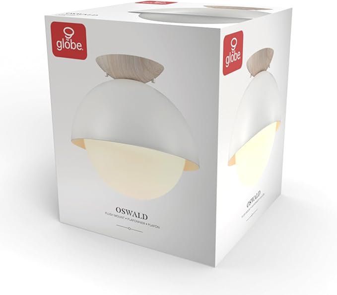 GLOBE Electric Oswald 1-Light Flush Mount, Matte White, Faux Wood Accent Canopy, Frosted Glass Shade, Bulb Not Included