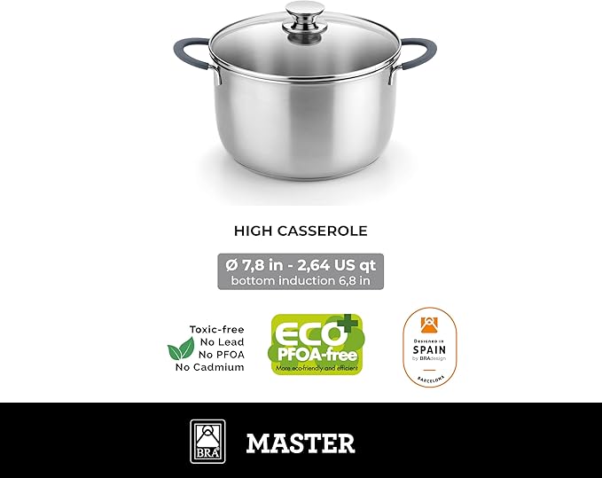 BRA COOKWARE Master 9 Piece Cookware Set | Stainless Steel Professional Kitchenware Set | 2 Pots, 1 Sauté Pan, 3 Frying Pans, 3 Lids | All Stovetop Compatible | PFAS Free | w/o Non-Stick