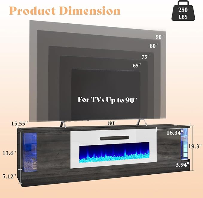 AMERLIFE Glossy Oak Fireplace TV Stand with 40" Fireplace, 80" LED Lights Entertainment Center with Flip Doors & Corner Glass Decor, Modern TV Console Table for TVs up to 90", Living Room, Black&White