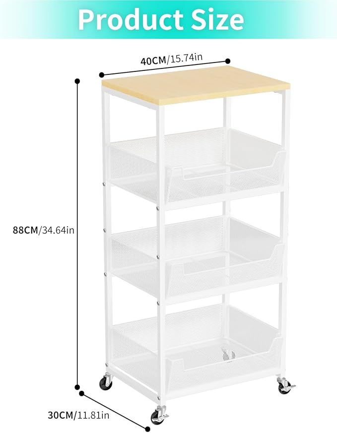 HapiRm Fruit Basket Kitchen Cart - 4-Tier Rolling Storage Cart with Wheels, Wood Top Utility Pantry Cart for Vegetables, Potatoes, Onions, Bread, Snacks