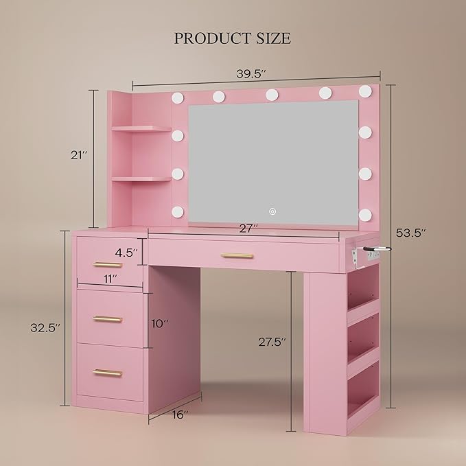 DWVO Vanity Desk with Mirror, Hollywood Lighted Makeup Mirror with 3 Lighting Modes, Power Outlets, Hairdryer Holder, Vanity Table with Ample Storage for Bedroom, Bathroom, Pink