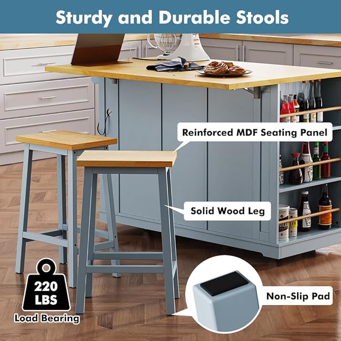 Rolling Kitchen Island with 2 Bar Stools, Kitchen Cart on Wheels with Drop Leaf, Mobile Kitchen Storage Cart with Power Outlet, 53 Inch Width (with 2 Bar Stools: Grey Blue)