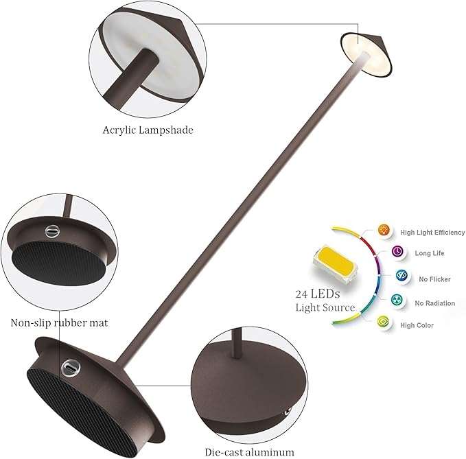2-Pack 6000mAh Rechargeable Led Table Lamp Cordless,3000K-6000K Stepless Dimming Touch Lamps with Memory Function,IP54 Waterproof Aluminum Table Light for Outdoor/Bars/Restaurant/Patio(Rust)