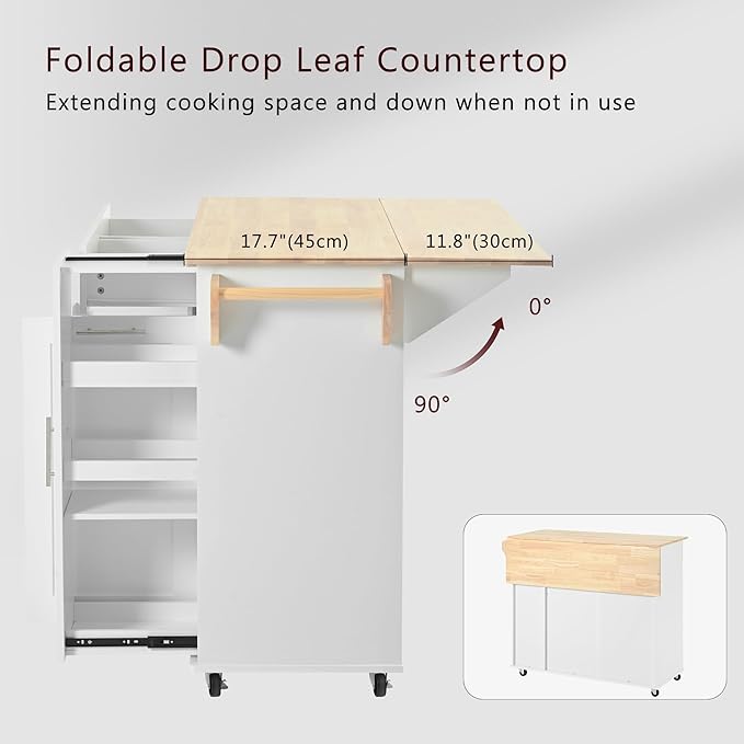 Kitchen Island with Drop Leaf, Kitchen Storage Cart with 3 Tier Pull Out Cabinet Organizer, Internal Storage Rack, Rolling Kitchen Cart on Wheels with Towel Rack, 2 Drawers, for Kitchen, White