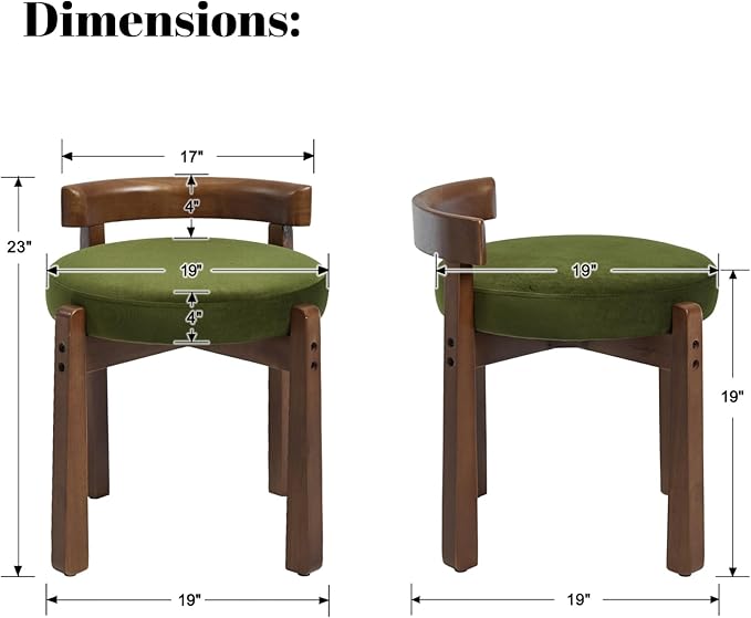 DUOMAY Modern Velvet Vanity Stools Set of 2, Upholstered Low Back Ottomans with Solid Wood Legs Cute Round Footrest Makeup Stools Dressing Seat for Living Room Bedroom, Green