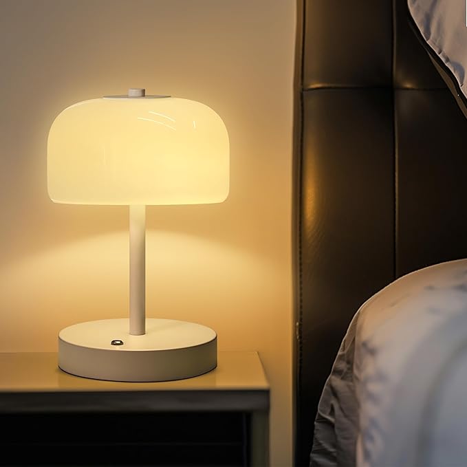Oneach Portable Cordless Table Lamp, Rechargeable Battery Powered Lamp with Opal Glass Shade, 3-Way Dimmable LED Touch Mushroom Table Lamps for Bedroom, Bedside, Living Room, Dining Room, Patio, White