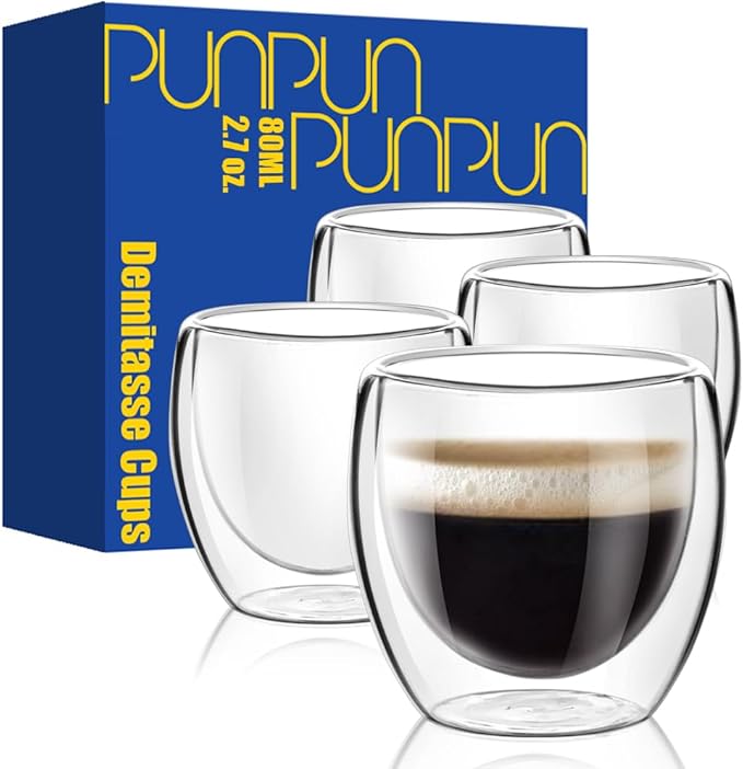 PunPun Glass Cups 2.7oz. 80ml Espresso Coffee Cups, Demitasse Cups Double Walled Clear Insulated,Shot Glass Set of 4