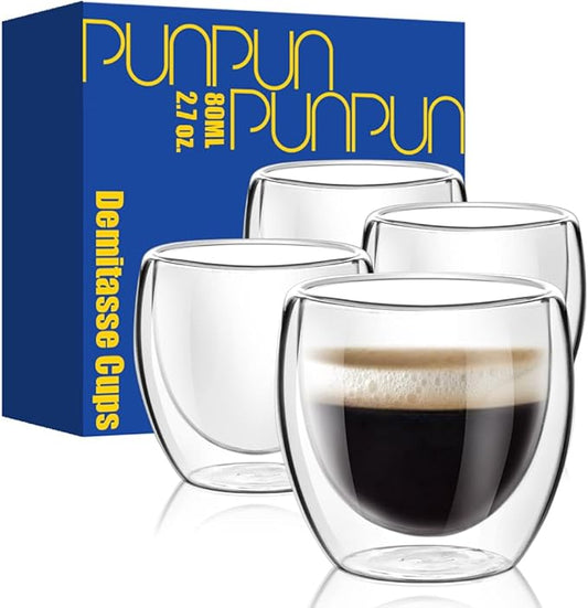 PunPun Glass Cups 2.7oz. 80ml Espresso Coffee Cups, Demitasse Cups Double Walled Clear Insulated,Shot Glass Set of 4
