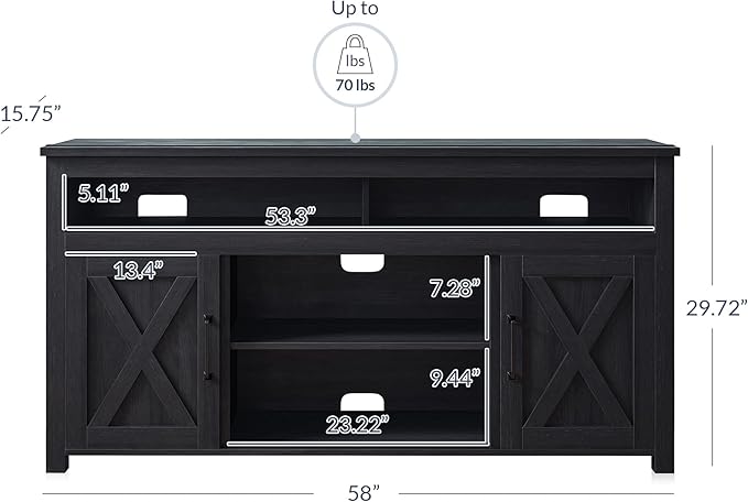 BELLEZE 58 Inch TV Stand, Contemporary Entertainment Center for TVs up to 65", Wood Media Console Table with Two Open Shelves and Barn Door Cabinets - Corin (Rustic Grey)