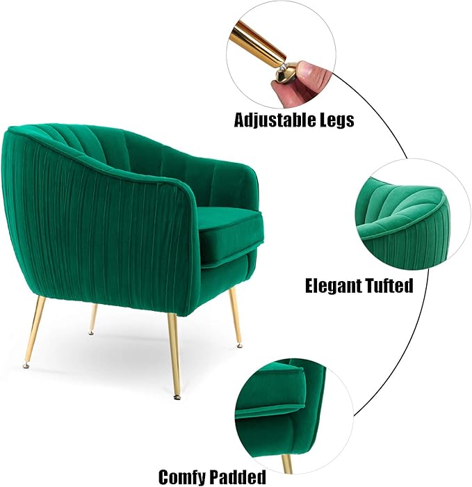 Velvet Accent Chair, Modern Barrel Arm Chair, Living Room Bedroom Chair, Golden Finished, Christmas Green