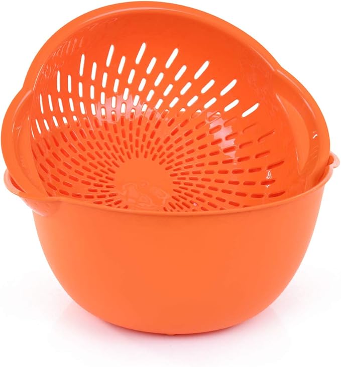 Mintra Home Mixing Bowl w/Colander (Large 4.5L, Orange) - For Washing & Draining Fruits And Vegetables - Heavy Duty Plastic for Baking, Cooking Supplies - Dishwasher Safe