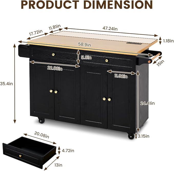 COCO DESIGN 60" Rolling Kitchen Cart with Power Strip & Drop Leaf, Thick Countertop, Large Storage Cabinet & Drawers, Mobile Island with Locking Wheels, Towel Rack and Spice Rack for Kitchen, Black