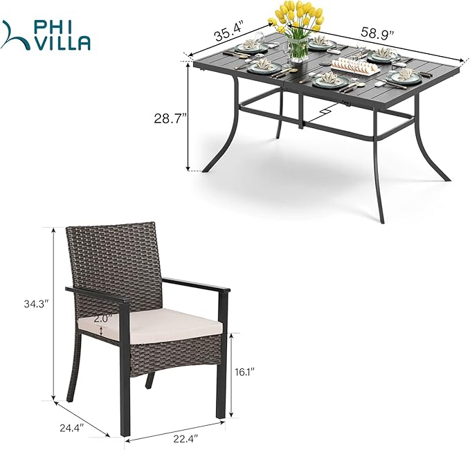 PHI VILLA 7 Piece Patio Dining Set for 6, 60” Rectangular Wrought Iron Dining Table with Umbrella Hole & Rattan Wicker Chairs with Beige Cushions for Outdoor Deck, Yard, Porch