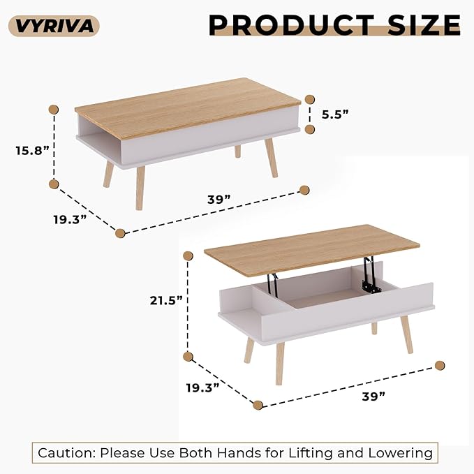 Lift Top Coffee Table, One Minute No Assembly Required Rising Tabletop Center Table with Large Hidden Storage Compartment, Open Shelf, Anti-Pinch Design Mute for Living Room (Oak)